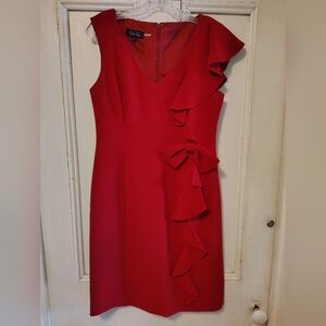 Rickie Freeman for Teri John Red Crepe Side Bow Ruffle Dress Size 10